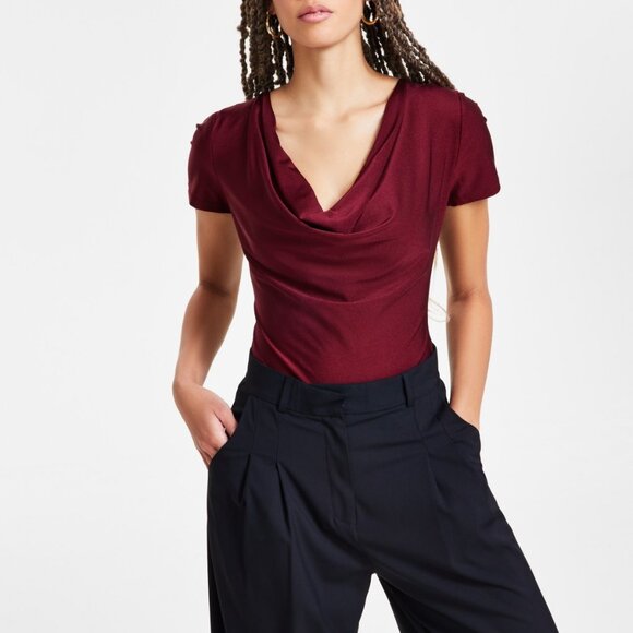 Bar Iii Women's Short-Sleeve Cowlneck Bodysuit, Created for Macy's - Cherry Pie - Picture 2 of 2